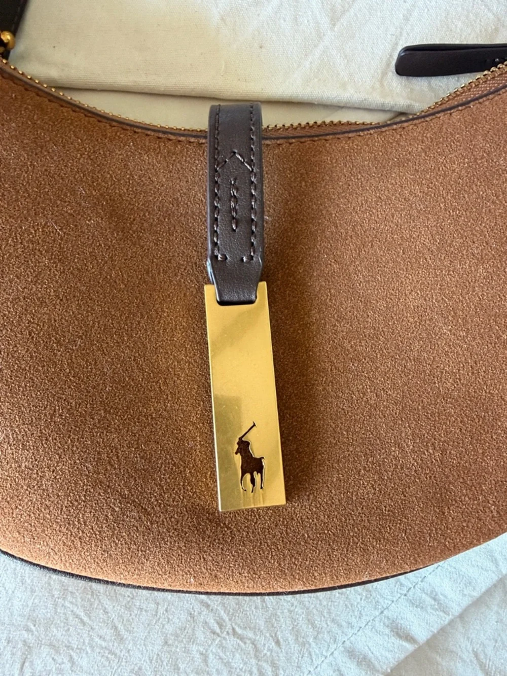 Alternative suede Chestnut Crescent Shoulder Bag with Dark Brown Trim - Picture 7 of 7